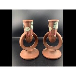 Vintage Roseville Pottery Fuchsia 1938 Art Deco Candle Holders 1133 Home Decor